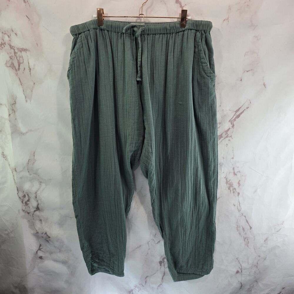 Pact Pants Womens XL Crop Blue Gauze Crinkle High Rise Tulip Drawstring Organic